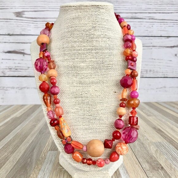 Multicolor Red Orange Beaded Necklace - Picture 1 of 6